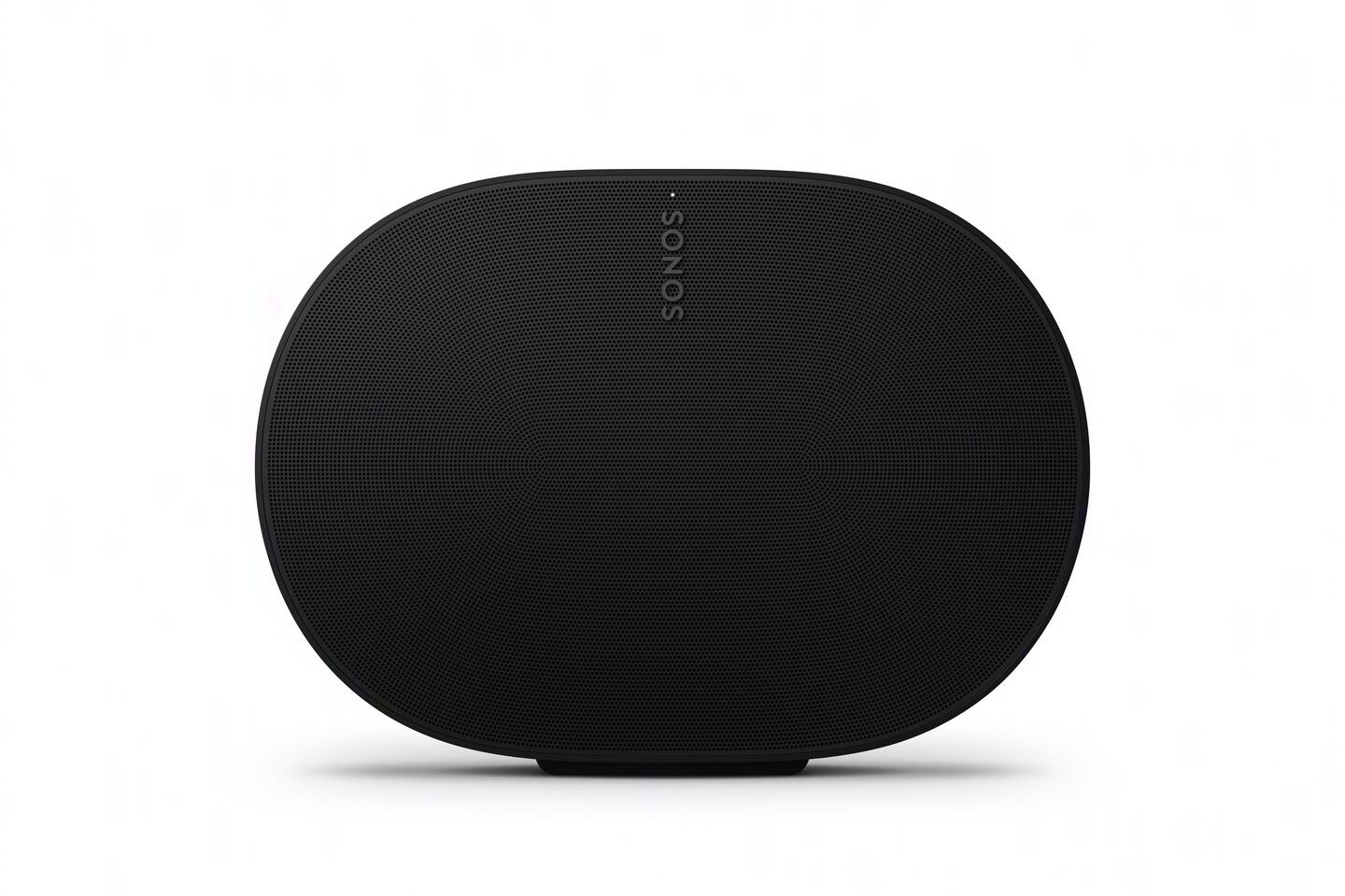 Altavoz Sonos negro, ovalado, con el nombre de la marca 'SONOS' en blanco, centrado arriba.