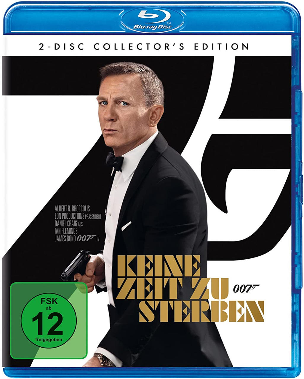 Filmcover: Daniel Craig als Bond, im Smoking, hält eine Waffe. Titel 'Keine Zeit zu sterben'.