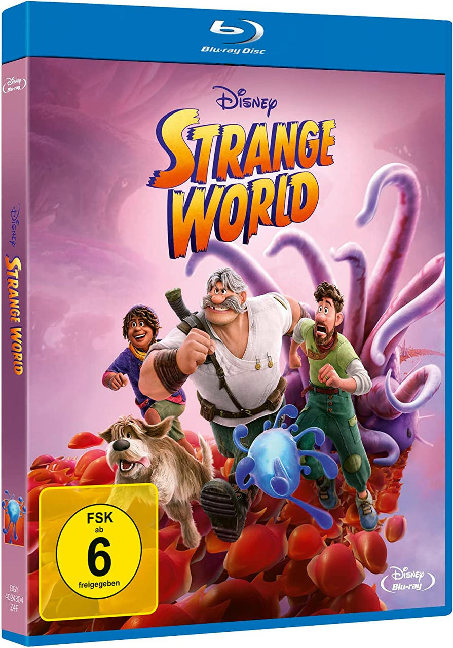 Blu-ray-Box-Art für Disneys Strange World mit Figuren, die in einer farbenfrohen, surrealen Umgebung rennen.