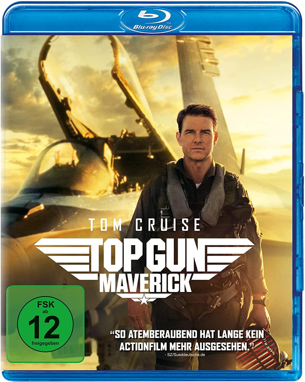 Blaue Blu-ray-Hülle mit Tom Cruise auf dem Cover für Top Gun: Maverick, mit Text und einem Jet.
