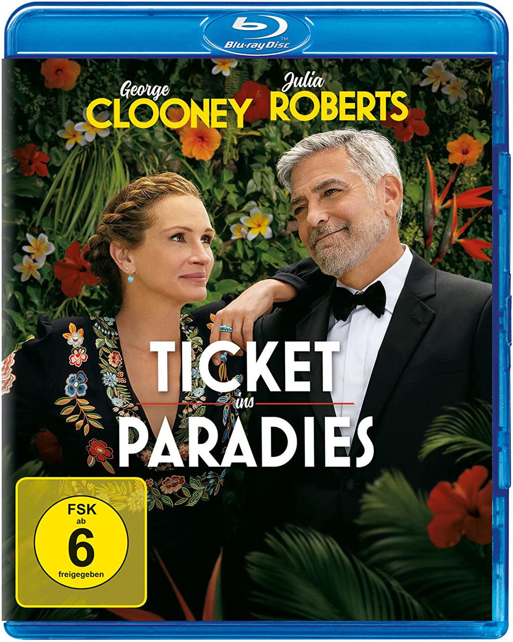 George Clooney und Julia Roberts auf Blu-ray Cover mit tropischen Blumen.