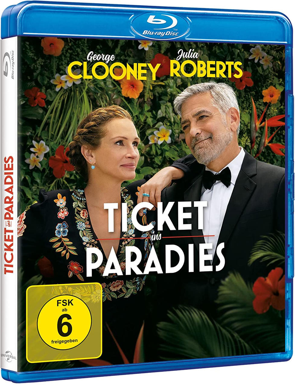 Blu-ray-Cover des Films mit George Clooney und Julia Roberts, Titel 'Ticket to Paradise'.