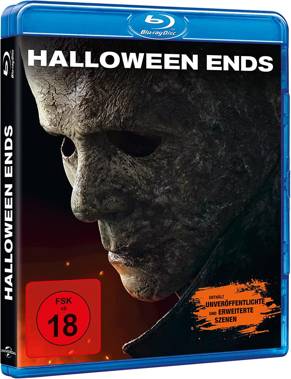 DVD-Box des Films 'Halloween Ends'. Das Cover zeigt eine Nahaufnahme eines gruseligen Gesichts.