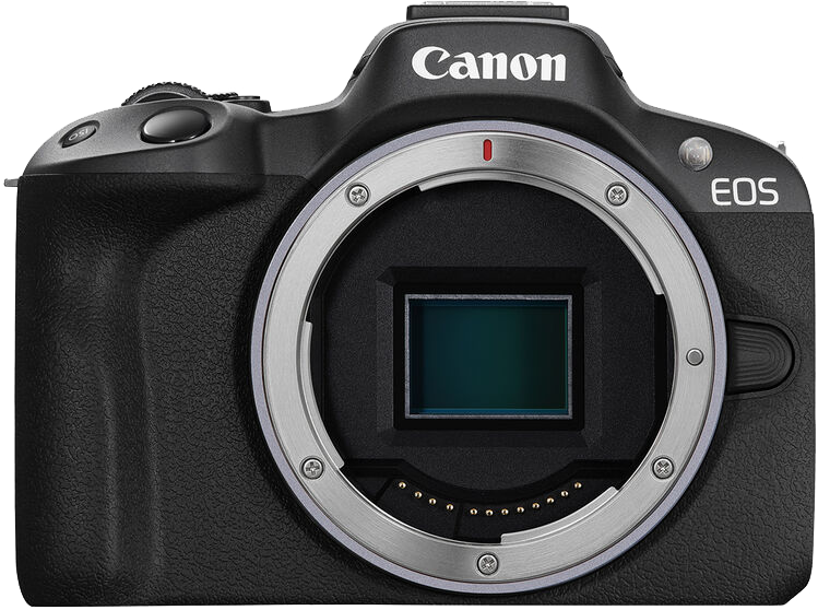 Fekete Canon EOS fényképezőgépváz, objektívfoglalattal és Canon logóval. Elölnézet.
