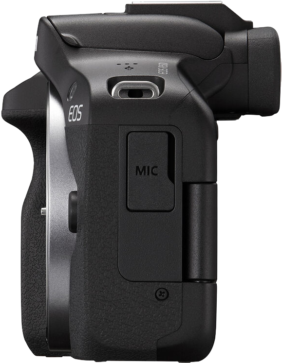 Egy fekete Canon EOS kamera oldalsó nézete, a MIC port látható.