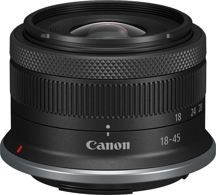 Egy fekete Canon objektív közeli képe. Az objektív bordázott gyűrűkkel és a Canon logóval rendelkezik.