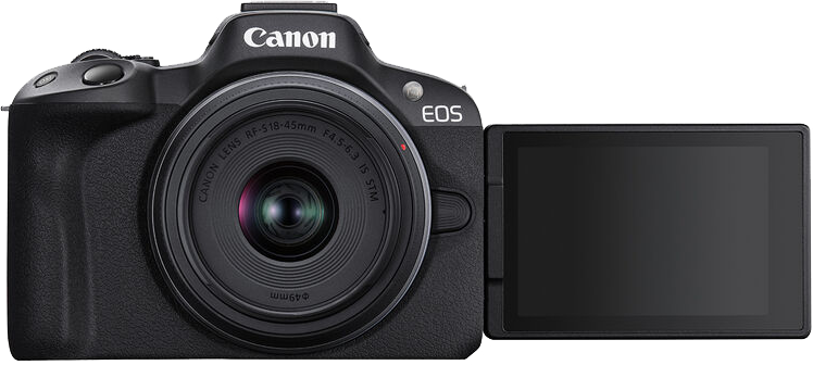 Canon EOS kamera nyitott képernyővel, ami a lencsét mutatja.