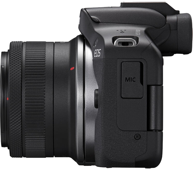 Egy Canon EOS kamera oldalsó nézete objektívvel. A kamera fekete.