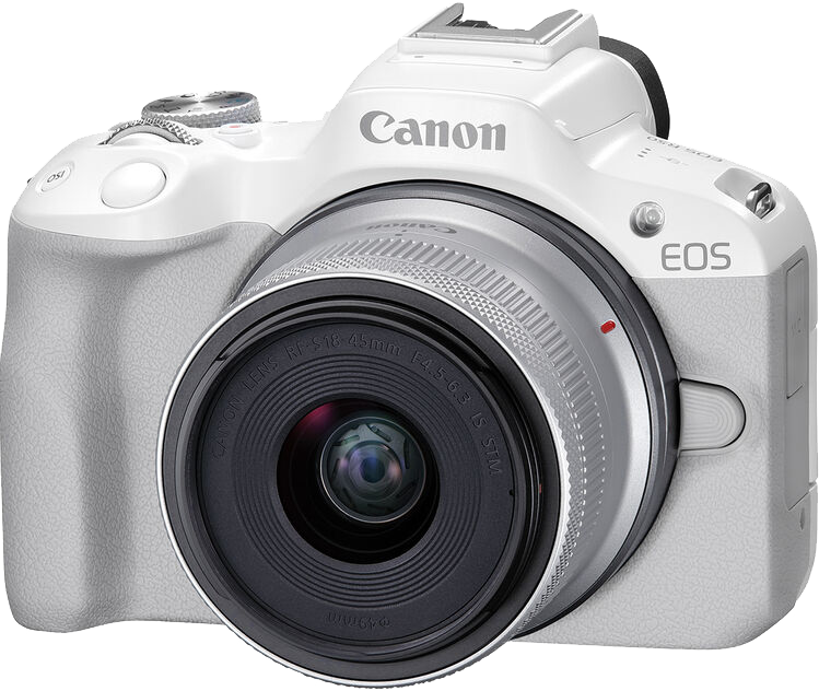 Fehér Canon EOS kamera objektívvel. Ezüst lencsegyűrűje és fekete objektívsapkája van.