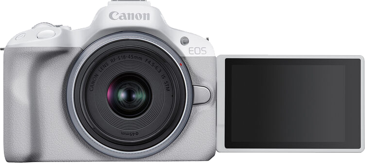 Fehér és szürke Canon EOS kamera nyitott képernyővel, fehér háttéren.