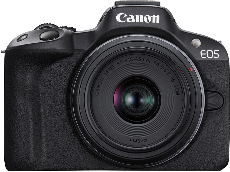 Fekete Canon EOS kamera objektívvel. Az objektív a néző felé néz.
