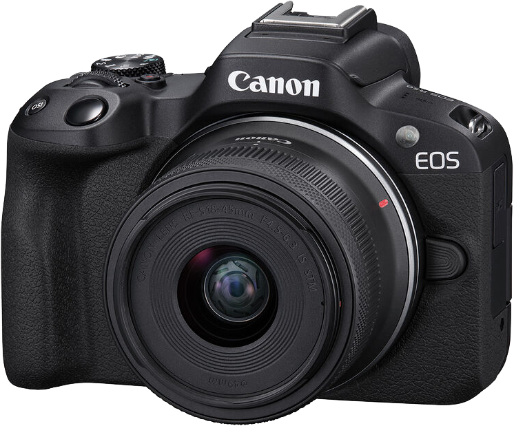 Fekete Canon EOS fényképezőgép objektívvel, fehér háttéren.