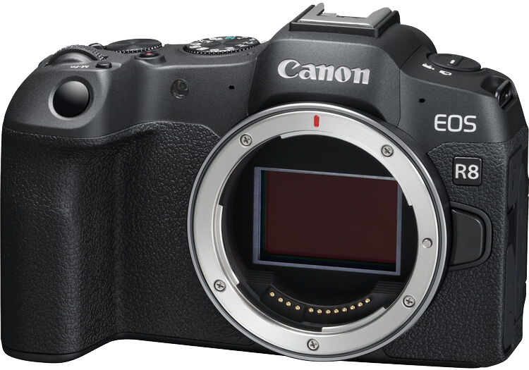 Fekete Canon EOS R8 kamera. Ezüst objektívtartó és piros pont, fekete fogantyú.