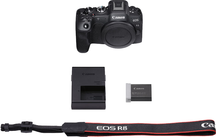 Canon EOS R8 fényképezőgép, töltő, akkumulátor és pánt; mind rendezetten egy fehér felületen.