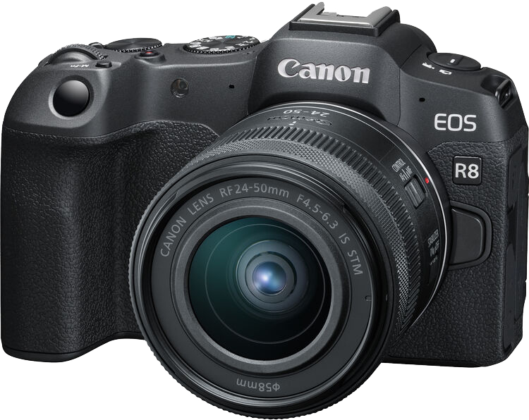 Egy fekete Canon EOS R8 kamera objektívvel, látható objektív részletekkel.