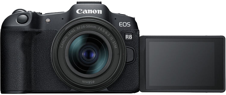 Egy Canon EOS R8 kamera objektívvel és kihajtható képernyővel, részletekkel.