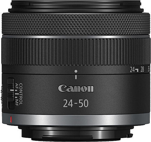 Fekete Canon 24-50mm objektív vezérlőgyűrűkkel és fehér felirattal, fekete háttéren.