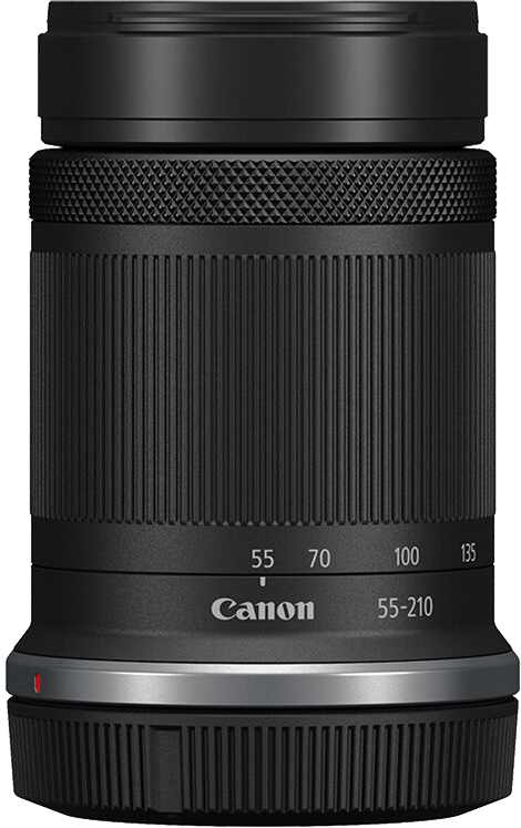 Egy fekete Canon 55-210 mm-es objektív fókusz- és zoom jelölésekkel. Az objektív ezüst alappal rendelkezik.