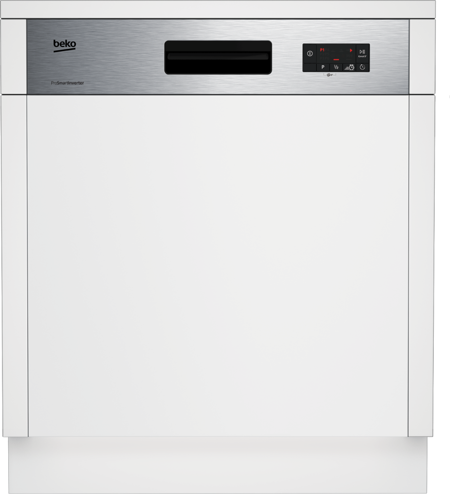 Witte Beko ProSmart vaatwasser met een roestvrijstalen bedieningspaneel.