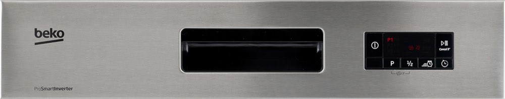 Beko bedieningspaneel, zilver met zwart display en knoppen. Heeft een merklogo en het ProSmart Inverter label.