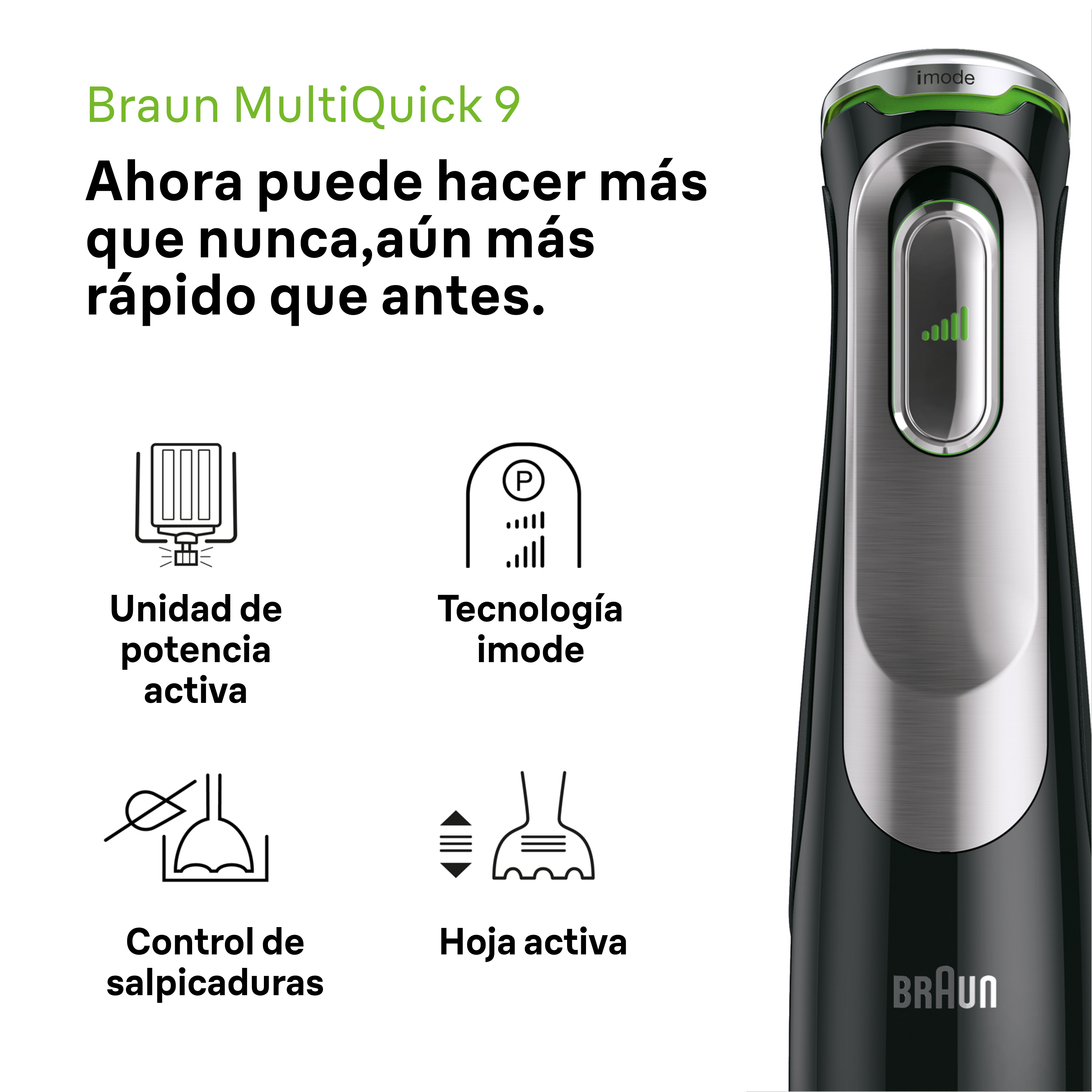 Batidora Braun MultiQuick 9 con texto e iconos que describen sus características y funciones.