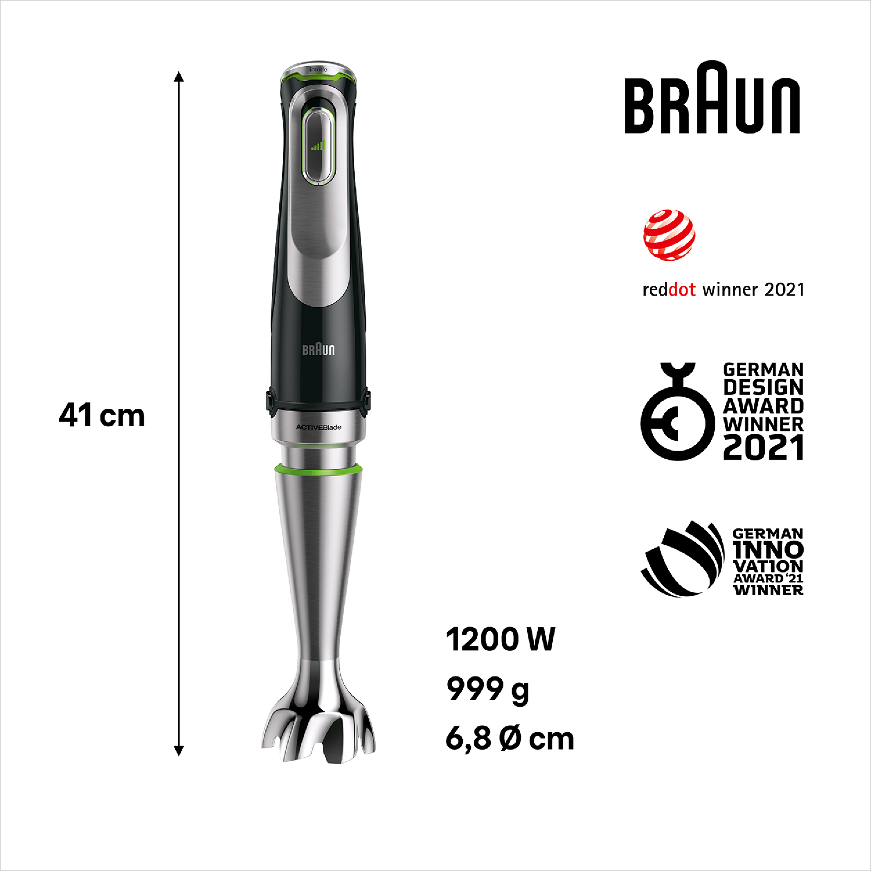Batidora de mano negra y plateada con premios y logo Braun. 41cm de largo.
