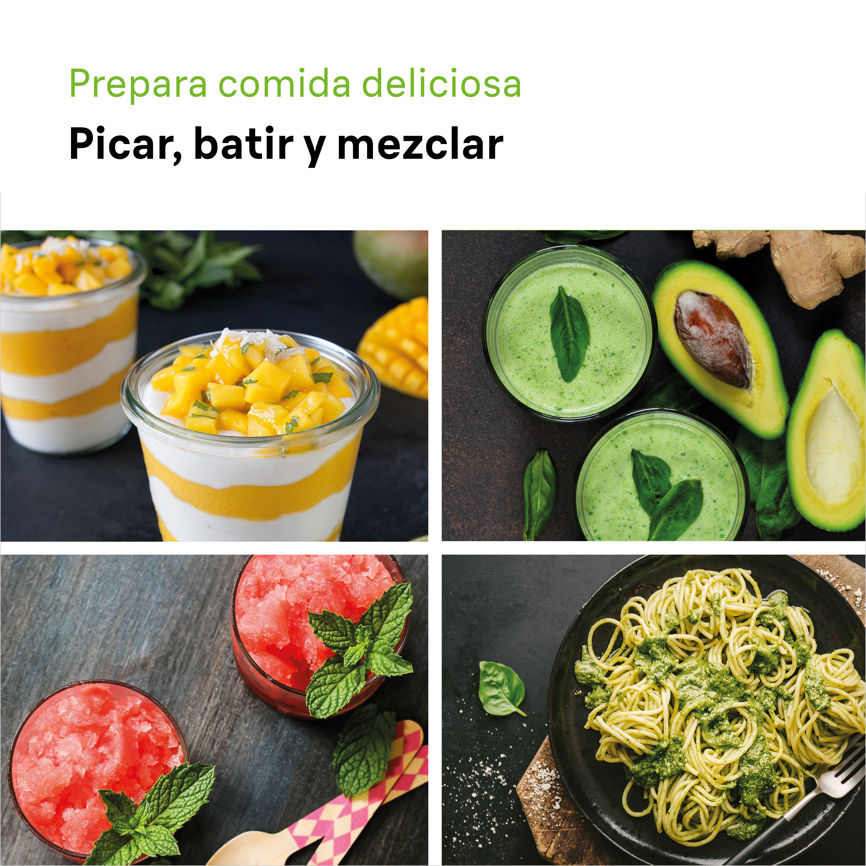 Imagen con cuatro fotos de comida. Incluye postre en capas, batidos verdes y espaguetis.