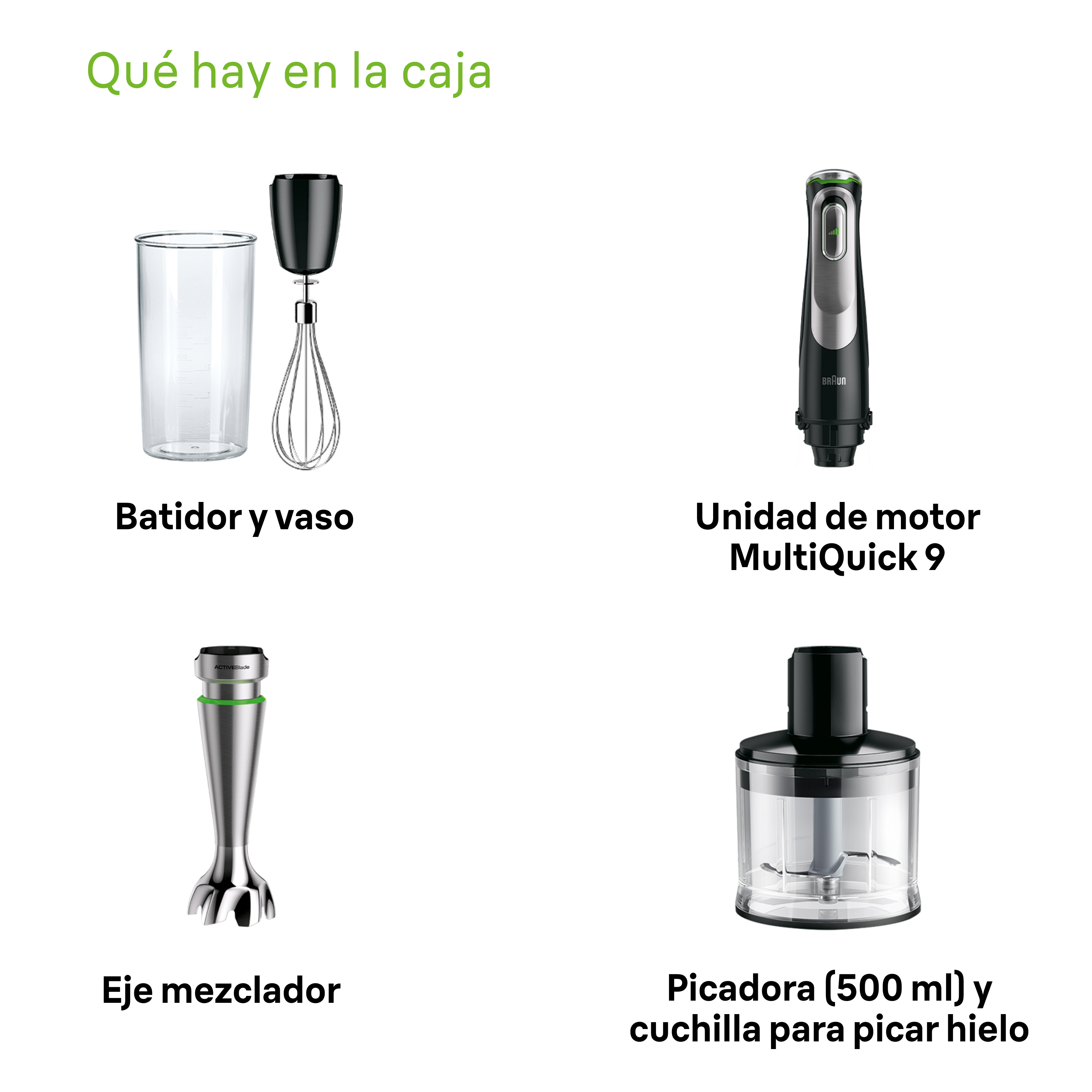 Componentes de una batidora de mano Braun MultiQuick 9.