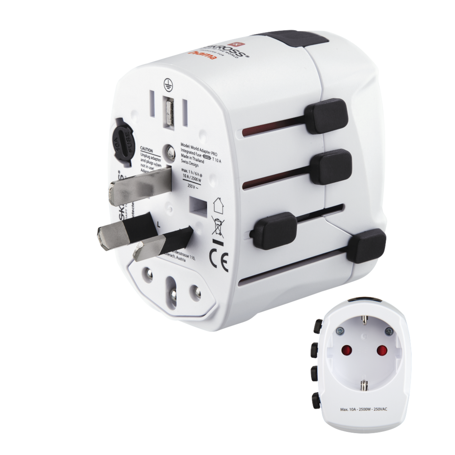 Adaptateur de voyage blanc avec plusieurs types de prises.