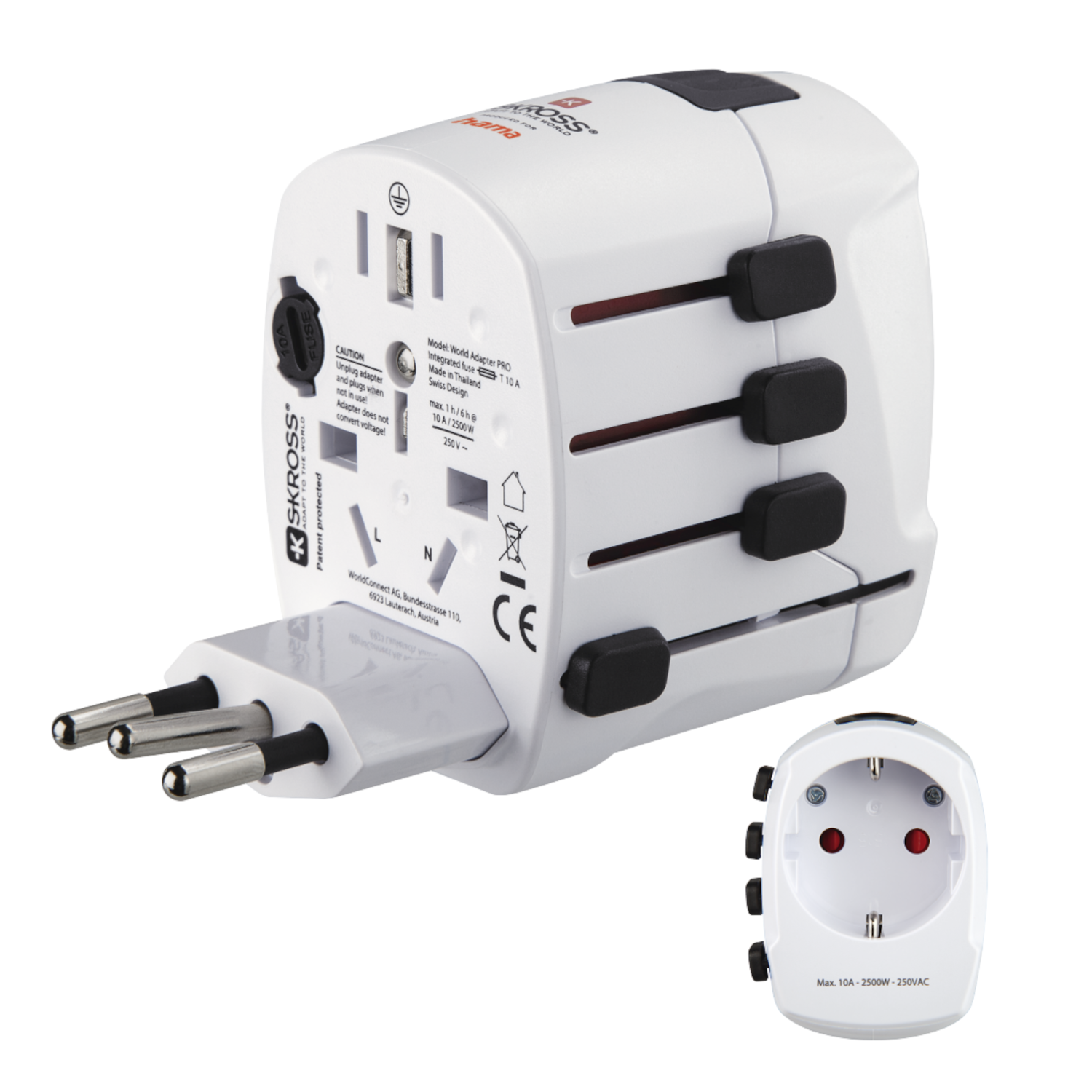 Adaptateur de voyage blanc avec plusieurs prises et prises, et une version plus petite.