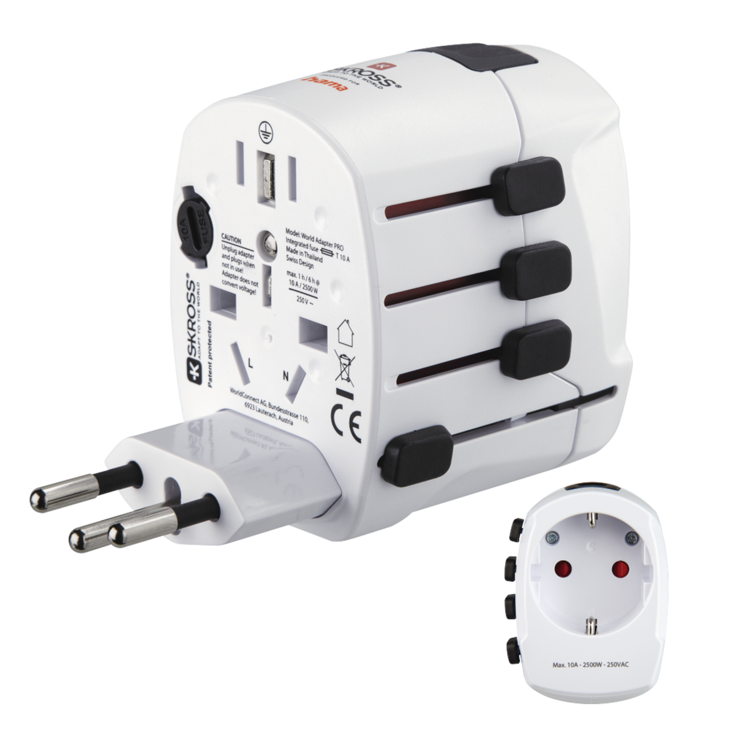 Adaptateur universel blanc et noir avec plusieurs options de prise, vue en angle. Petite illustration de prise.