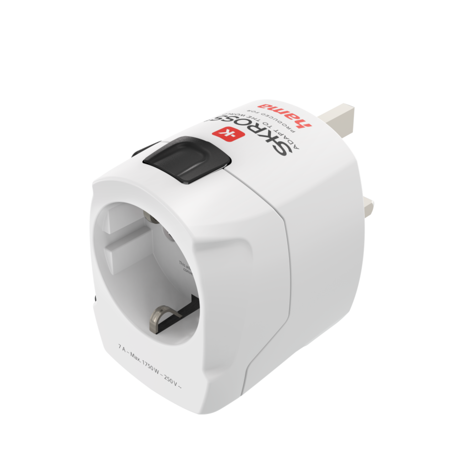 Adaptateur de voyage blanc avec bouton noir et prise ; gros plan sur fond blanc.