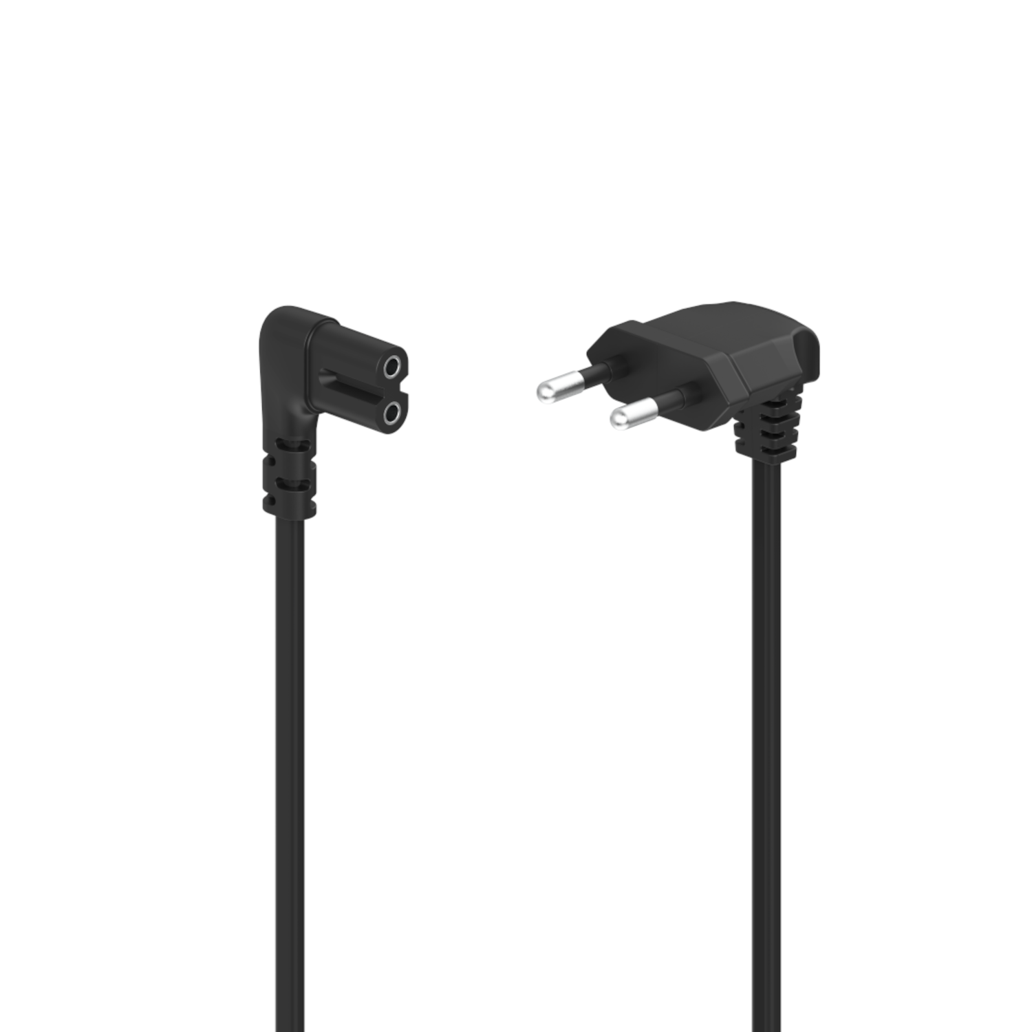 Black power cable with a two-prong plug and a European plug.