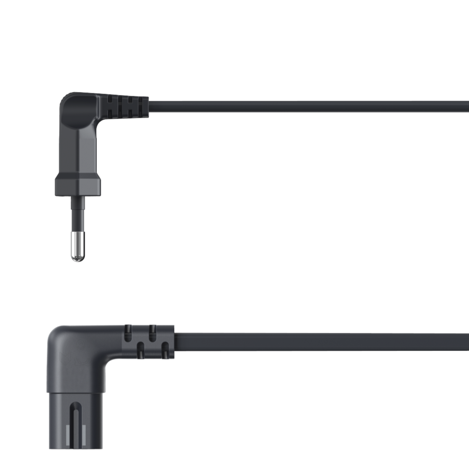 Two black audio cables with angled connectors on a white background.