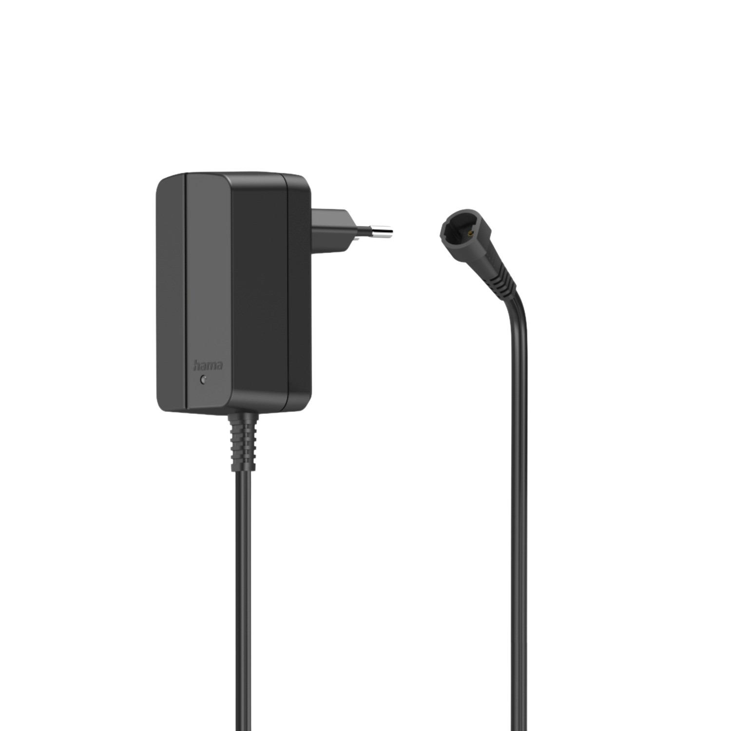 Chargeur Hama noir avec câble noir et connecteur, sur fond noir.