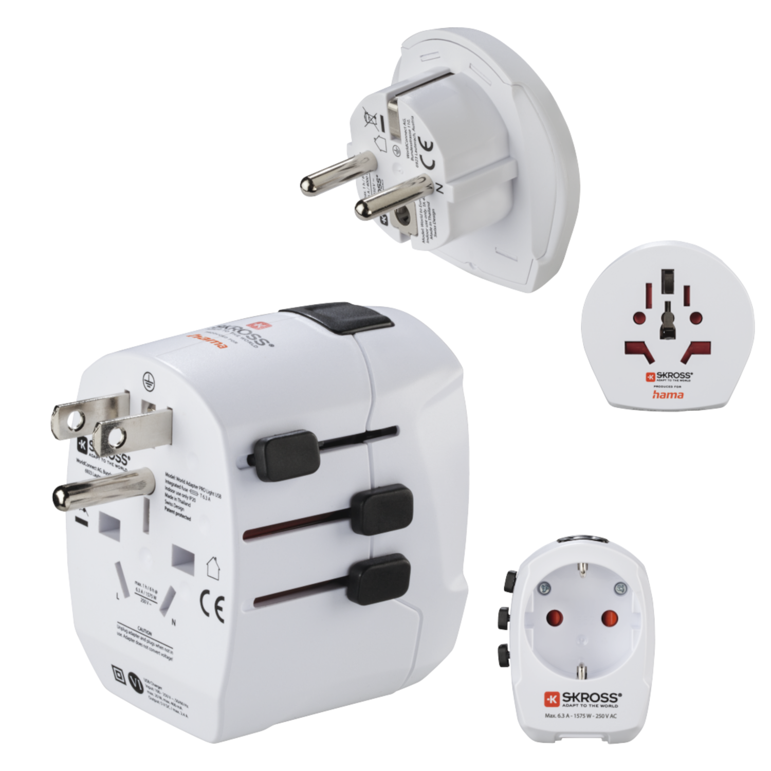 White travel adapter set with multiple plug configurations and a black button.