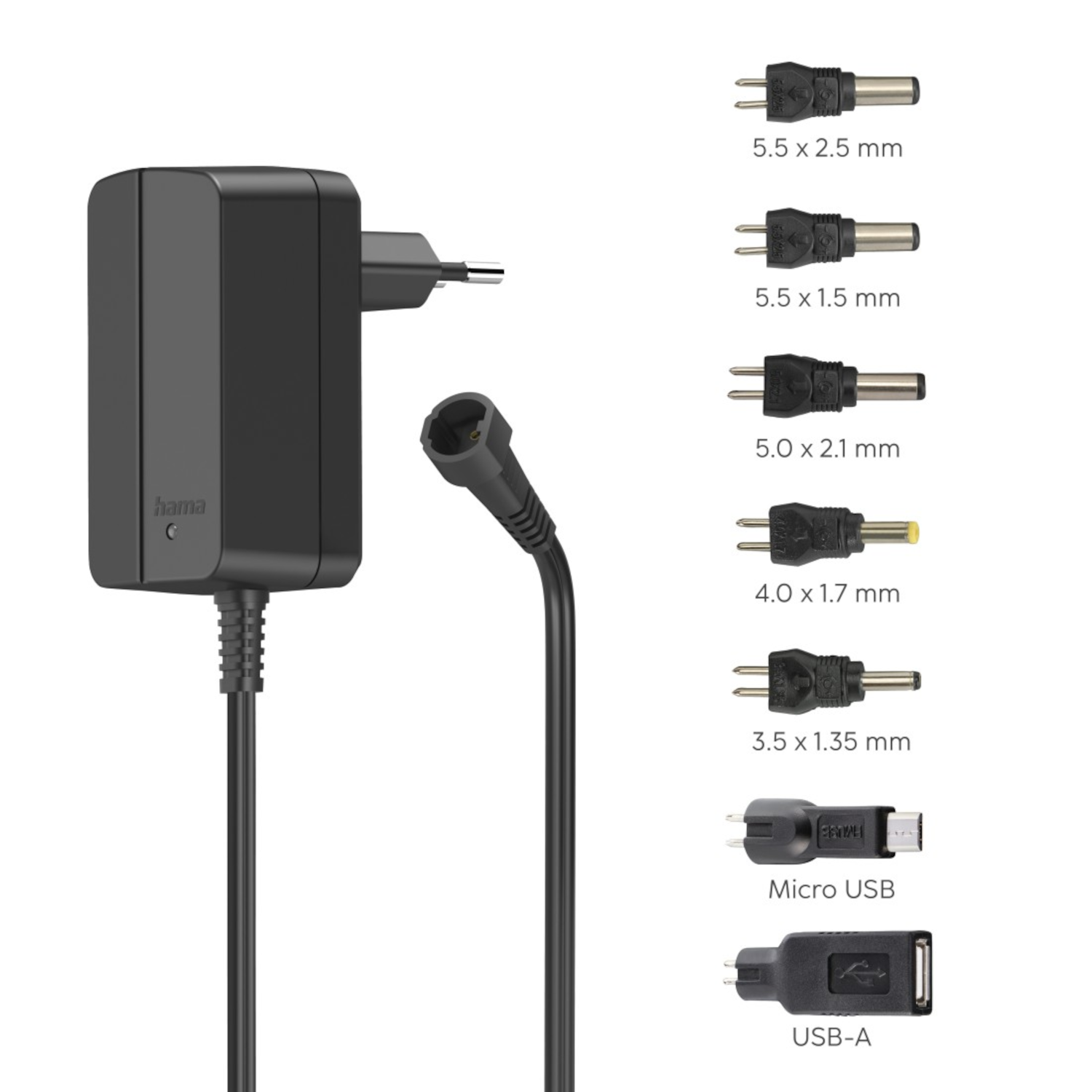 Adaptateur secteur noir avec plusieurs types de connecteurs.