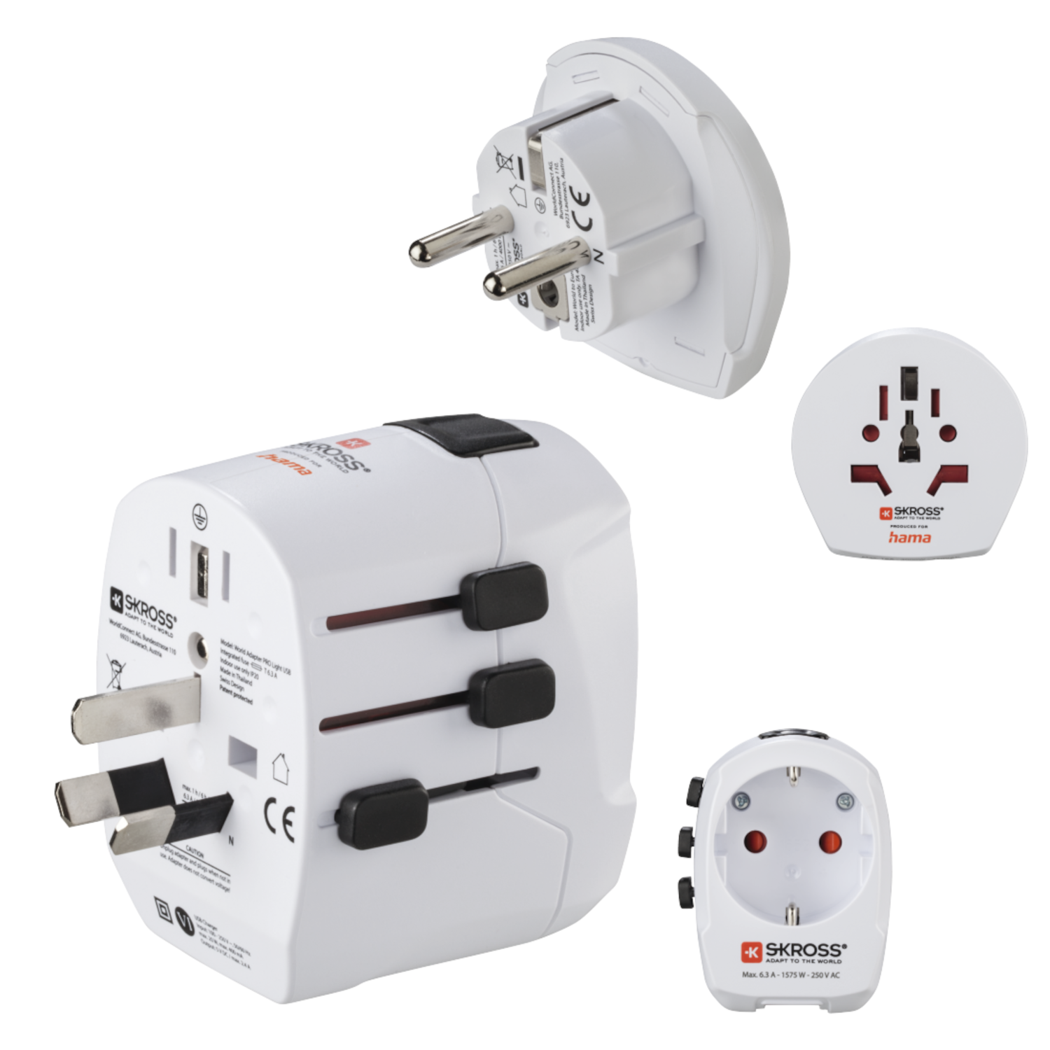 White universal travel adapter with multiple plug types displayed, with various views showing different angles.