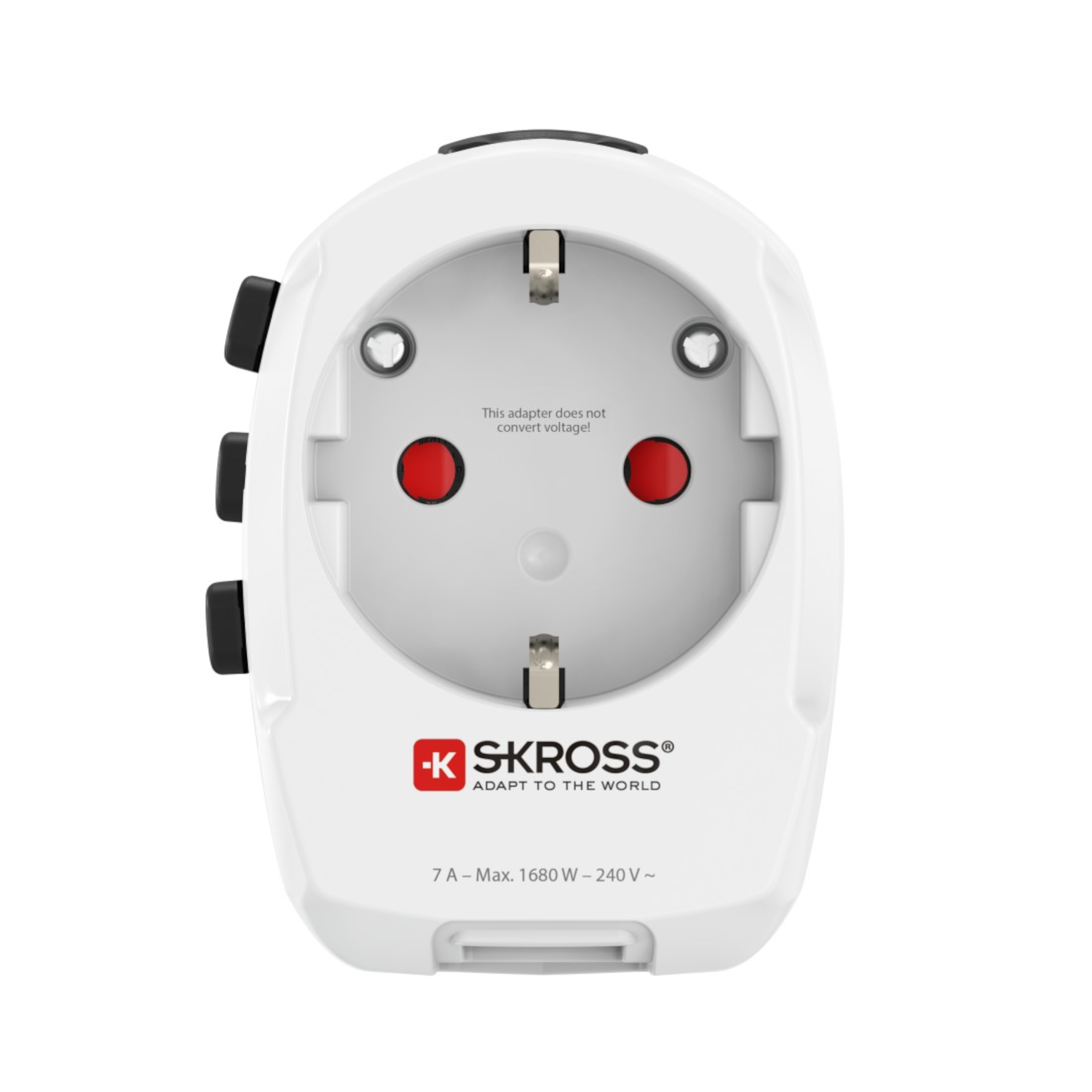 White travel adapter with 3 black buttons and a central plug, with SKROSS logo.