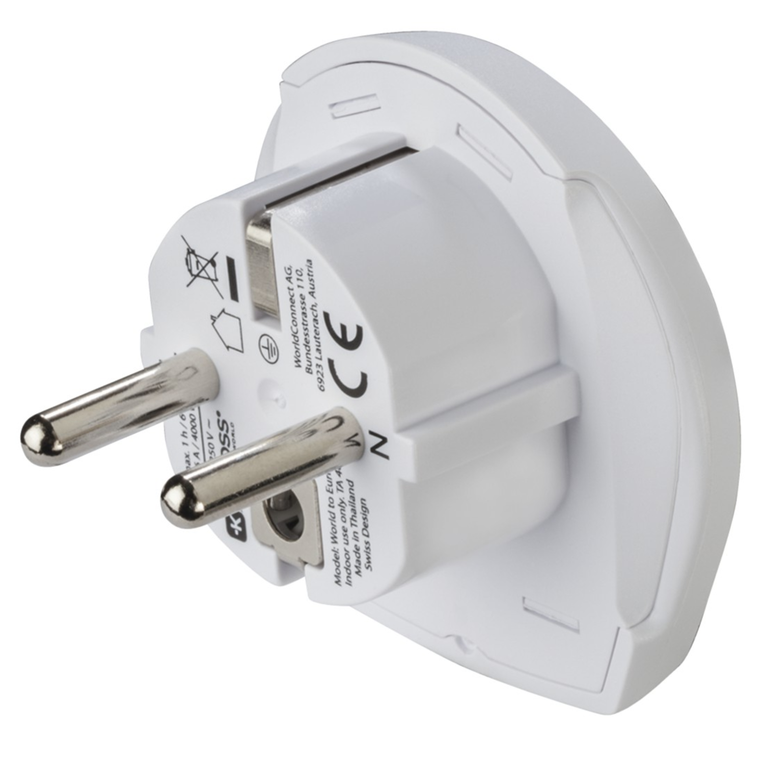 A white adapter with two prongs, viewed from the rear, isolated on white.