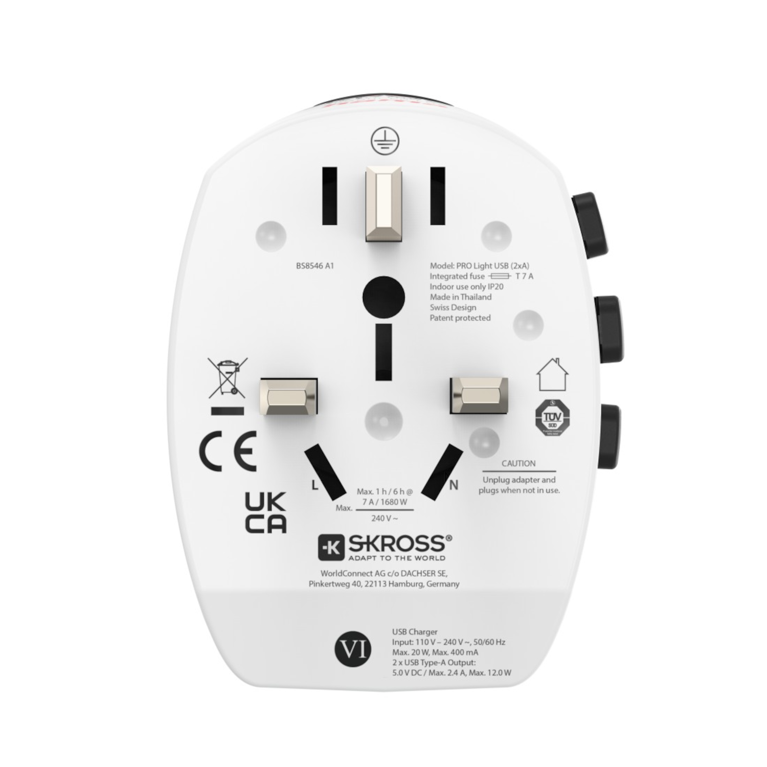 White travel adapter with multiple plugs.