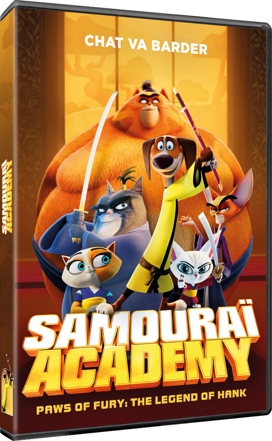 Couverture de film d'animation avec chats, chien et samouraï.