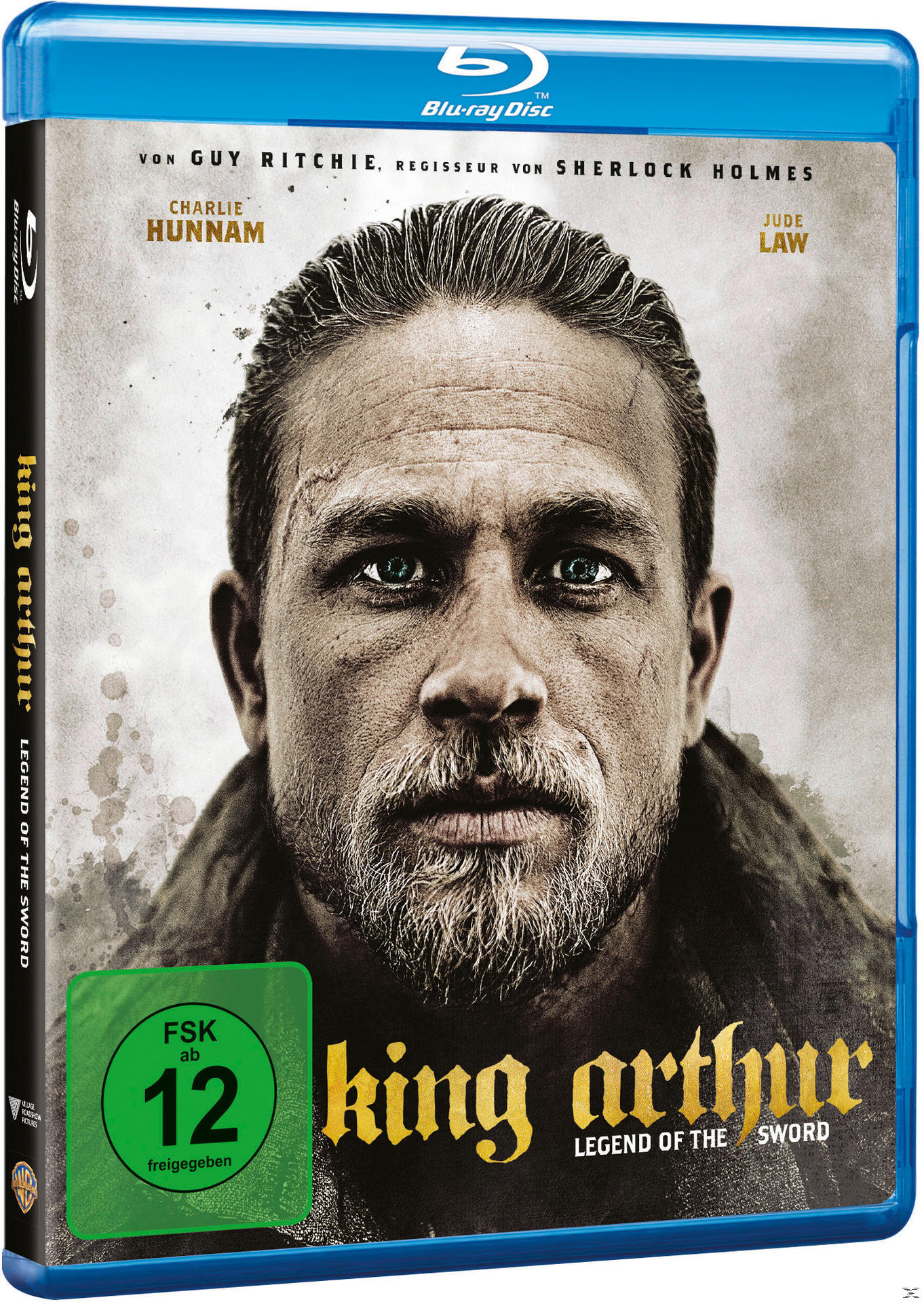 Blu-ray-Disc-Cover des Films King Arthur. Es zeigt Charlie Hunnam und Text. Der Hintergrund ist grau und blau.