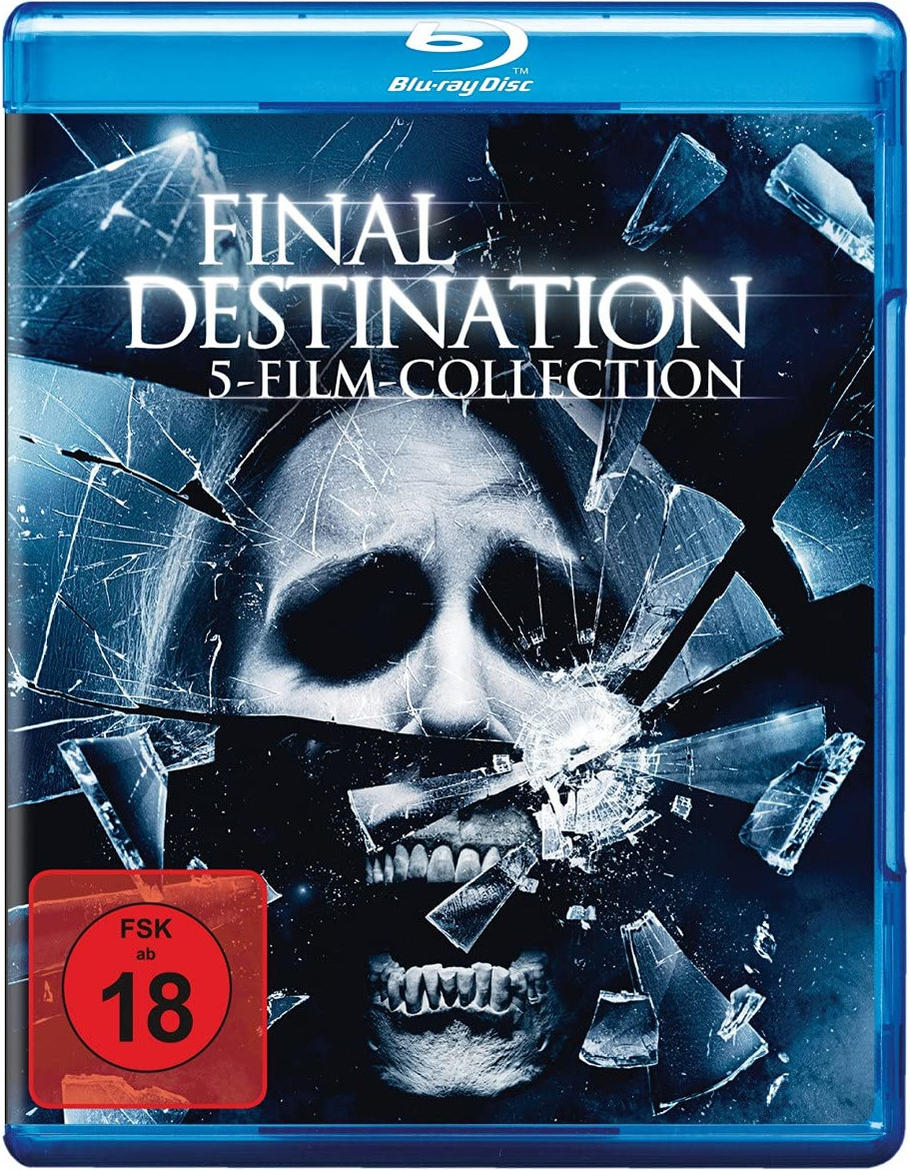 Final Destination 5 DVD-Cover: Frau mit zerbrochenem Glas, Totenkopf-Bild, blauer Rand.
