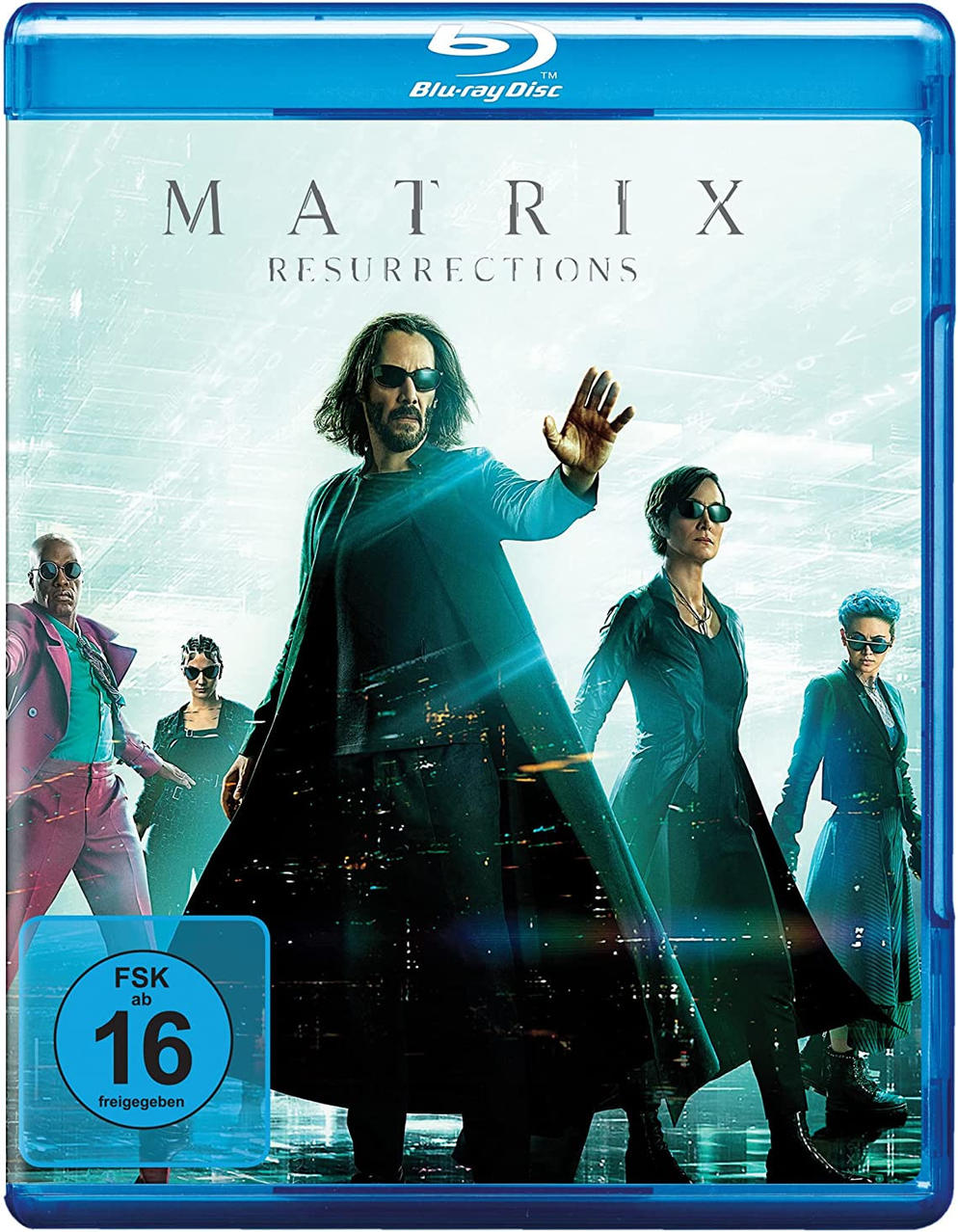 Blu-ray-Disc von 'Matrix: Resurrections'. Keanu Reeves und andere sind abgebildet.