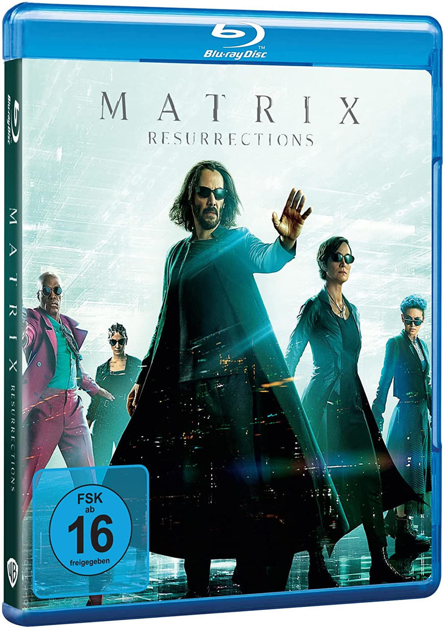 Die Matrix Resurrections Blu-ray Disc-Hülle mit einem Filmplakat.