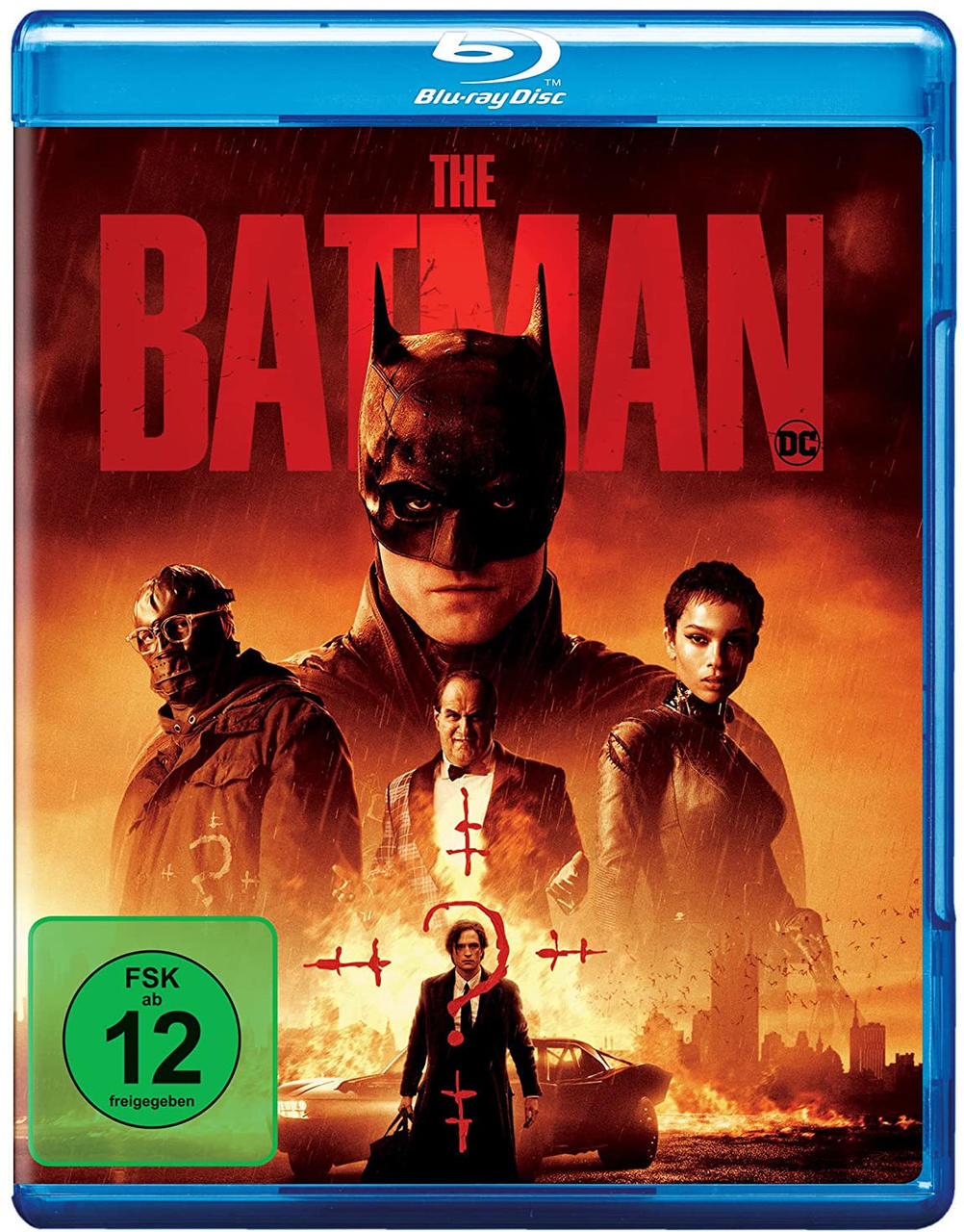The Batman Blu-ray-Cover. Enthält Batman in dunklem Anzug und andere Charaktere mit Stadtkulisse.