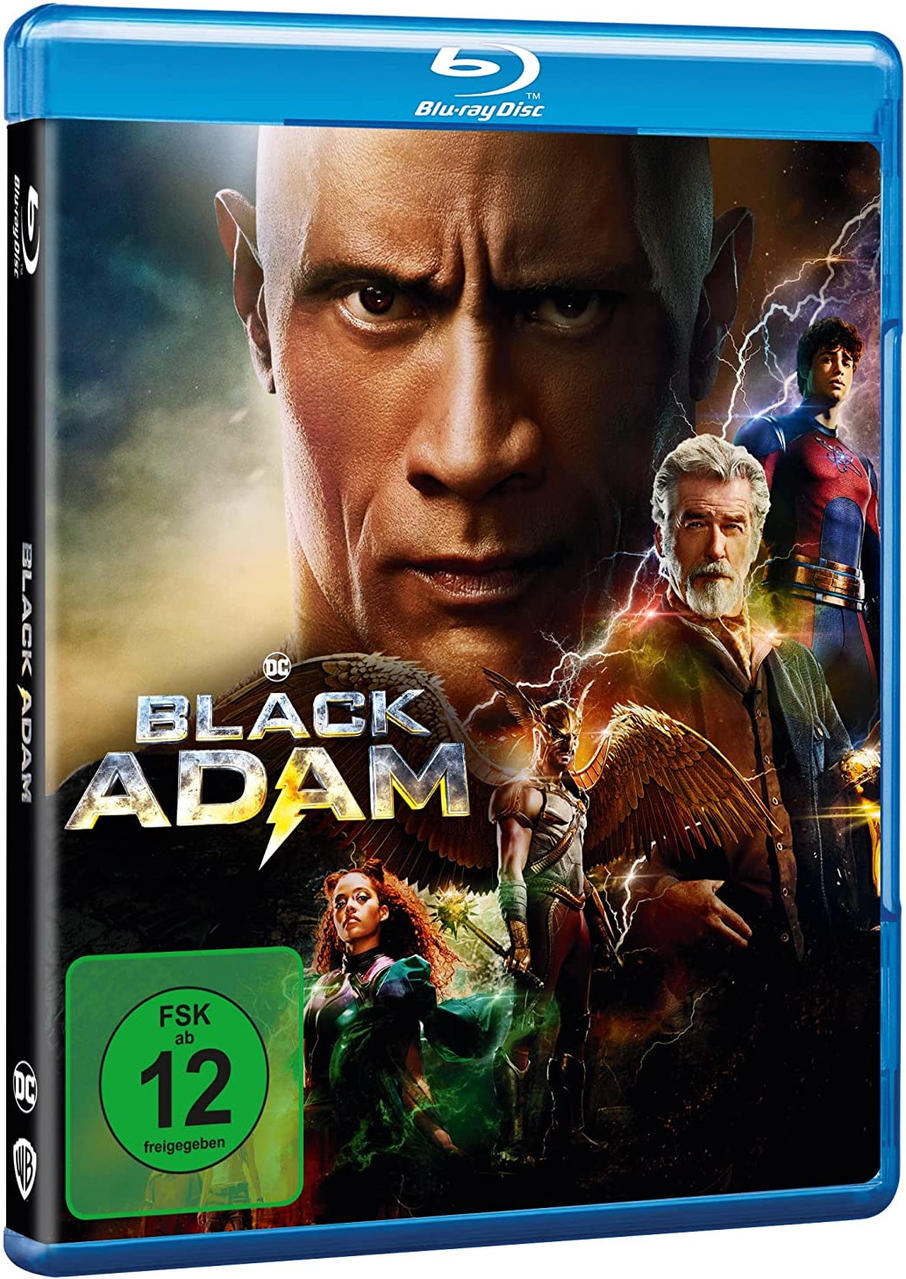 Blu-ray-Cover mit The Rock und anderen Schauspielern, Titel 'Black Adam'.