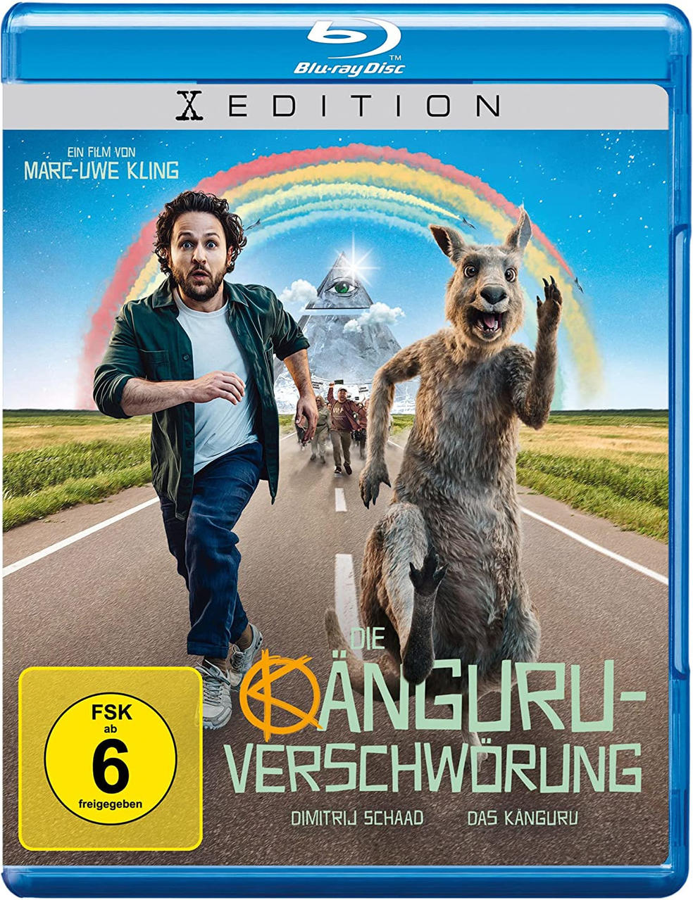 Blu-ray-Disc-Cover. Zeigt einen Mann und ein Känguru auf einer Straße, einen Regenbogen und Text.