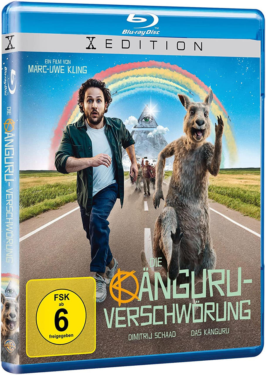 Blu-ray Disc-Cover. Mann rennt mit Känguru auf Straße mit Regenbogen.